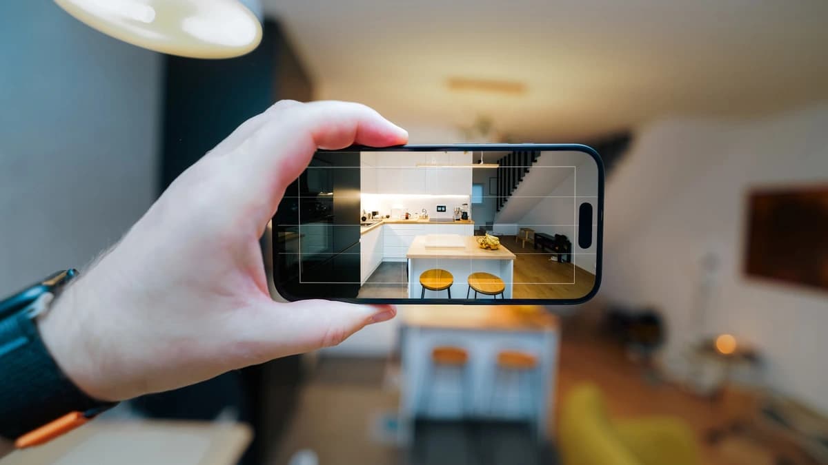 An agent photographing an empty room on a phone