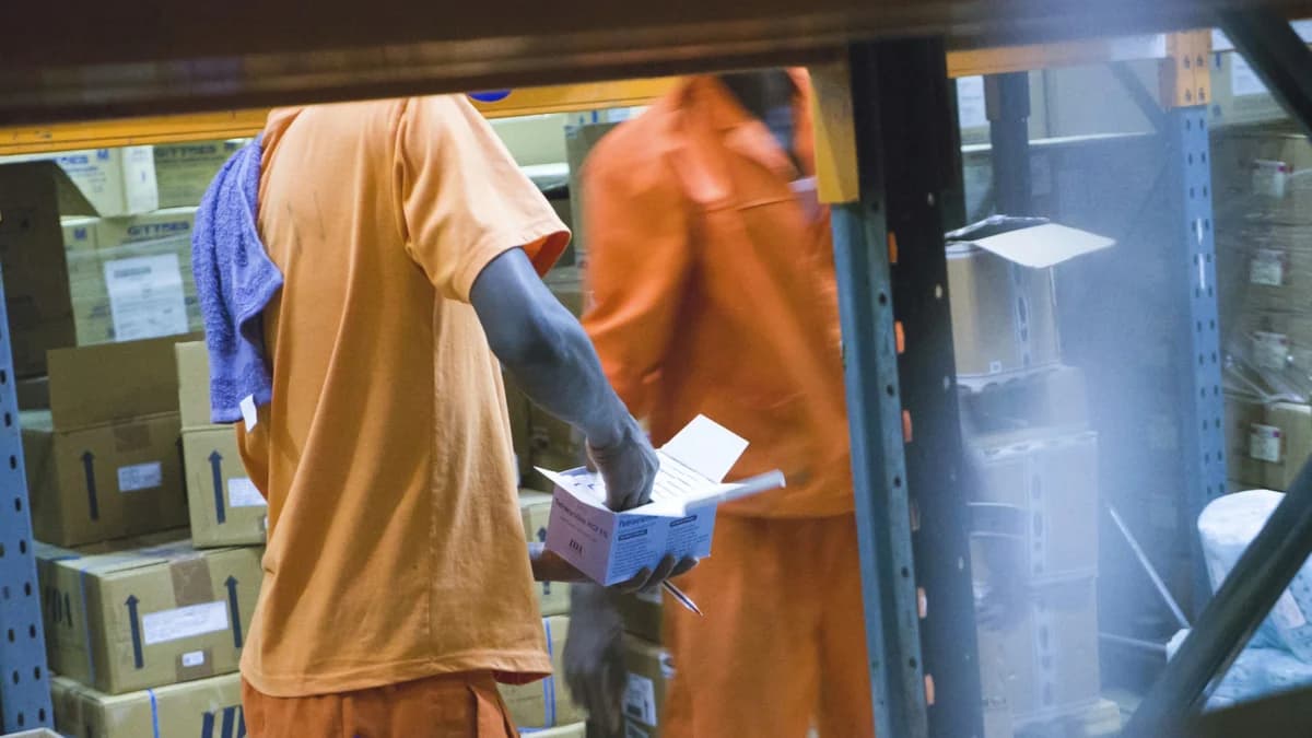 A stockroom worker carrying a boxed product past shelving