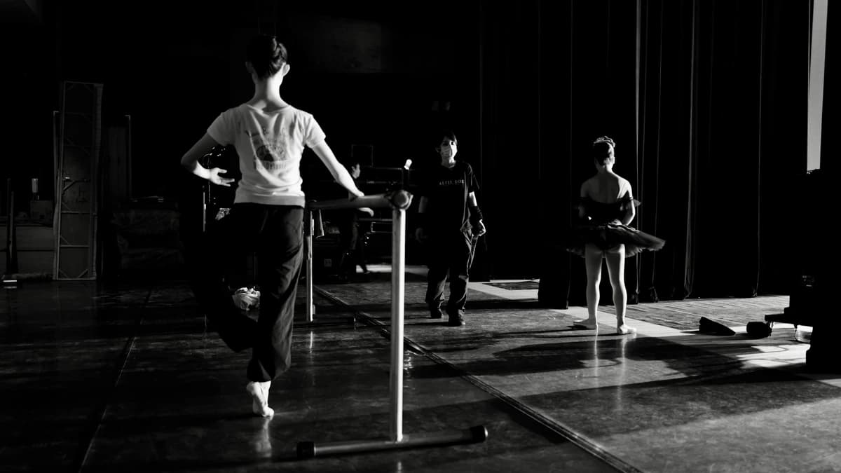 Dancers rehearsing at the barre in a studio