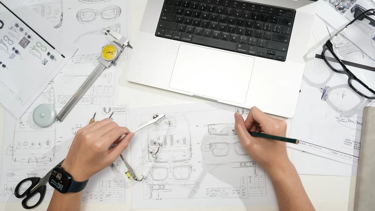 A designer sketching an eyewear frame at a bench