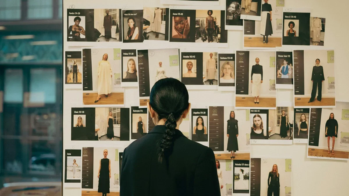 A creative studying a wall of pinned references
