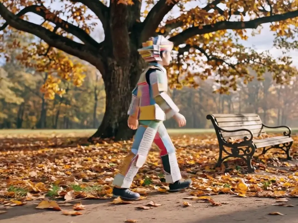 Patchwork character walking under an autumn tree, held by reference images