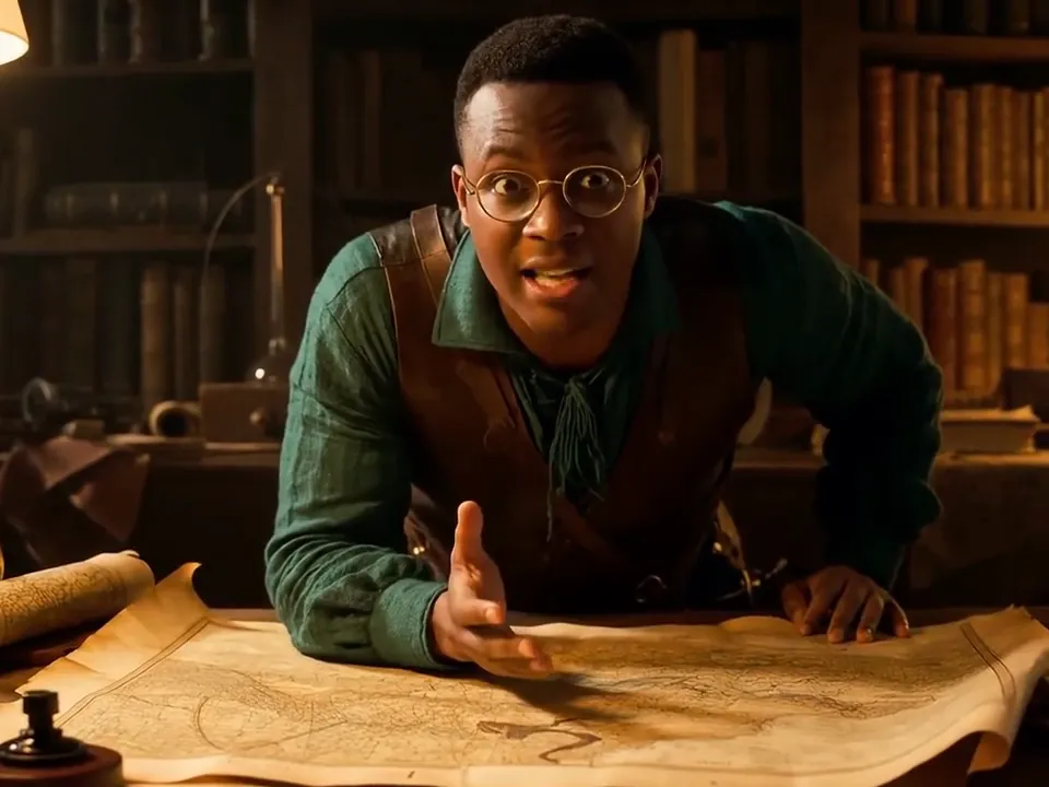 Candlelit study with a scholar over an old chart, rendered from one sentence