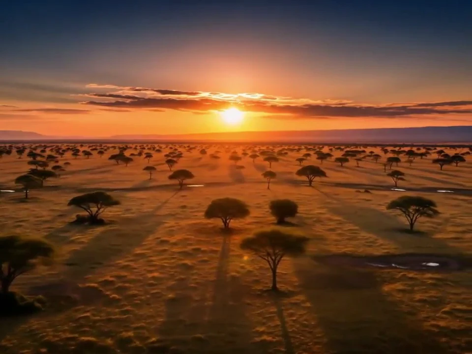 A savanna sunset still extended into drifting cloud