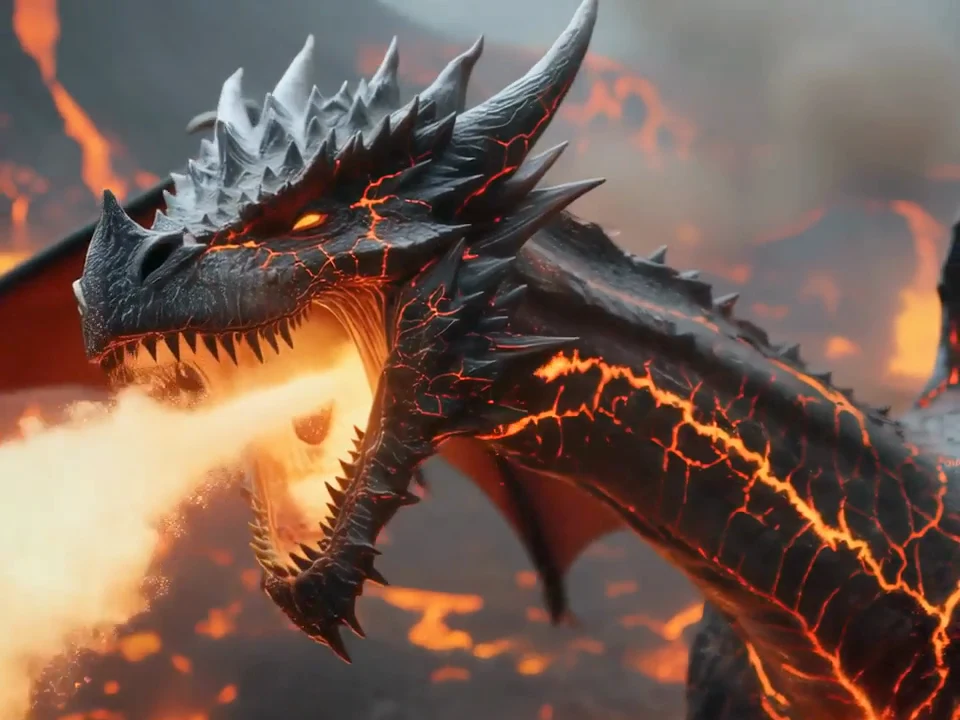 A high-tier render of a dragon carved from molten rock