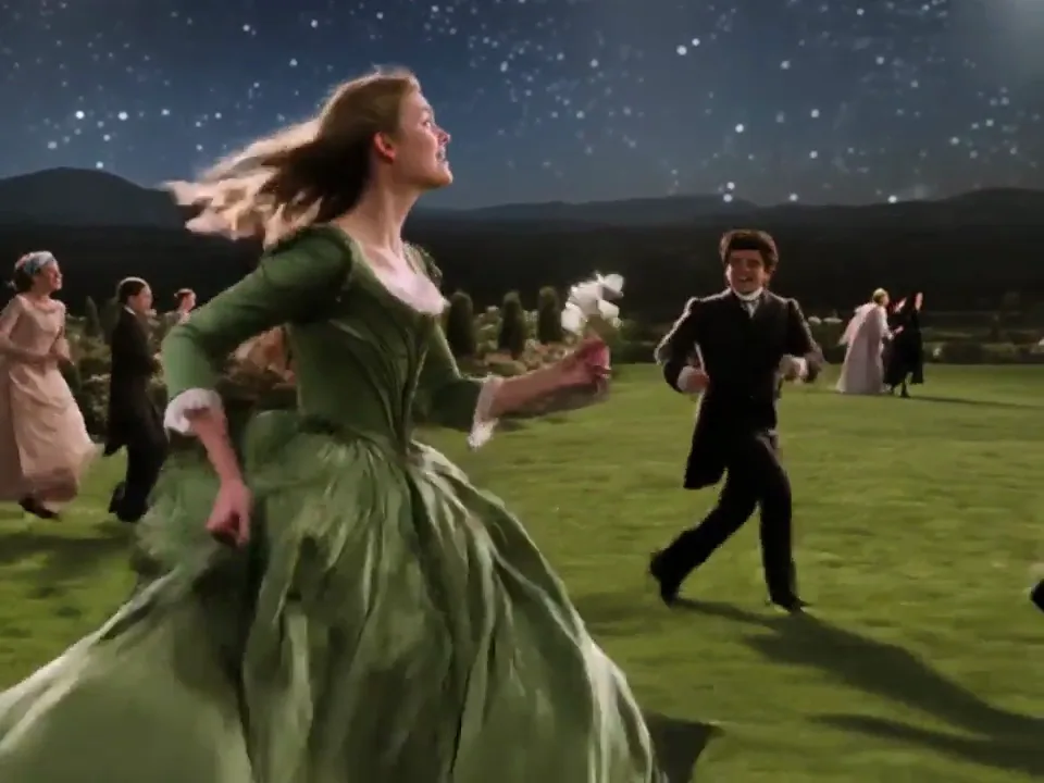 A runner's skirt and hair carrying momentum across a moonlit field in a Kling AI take