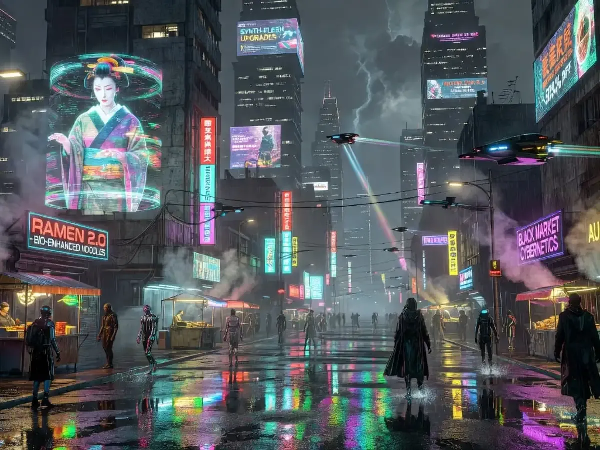Neon street at night under a towering holographic figure