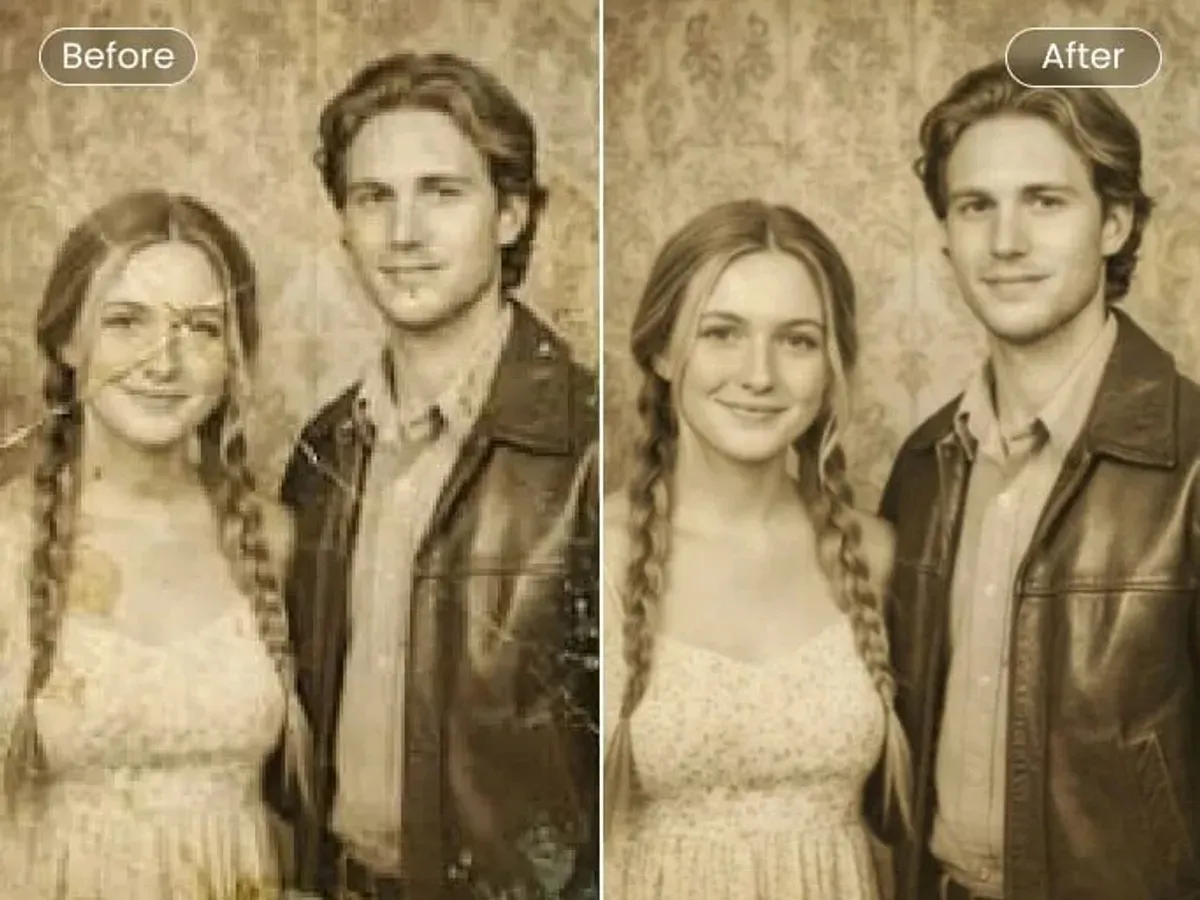 An aged sepia portrait recovering facial detail through a photo enhancer pass